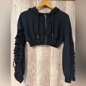 SHEIN Black Cropped Zip Hoodie with Ladder Sleeve Cutouts